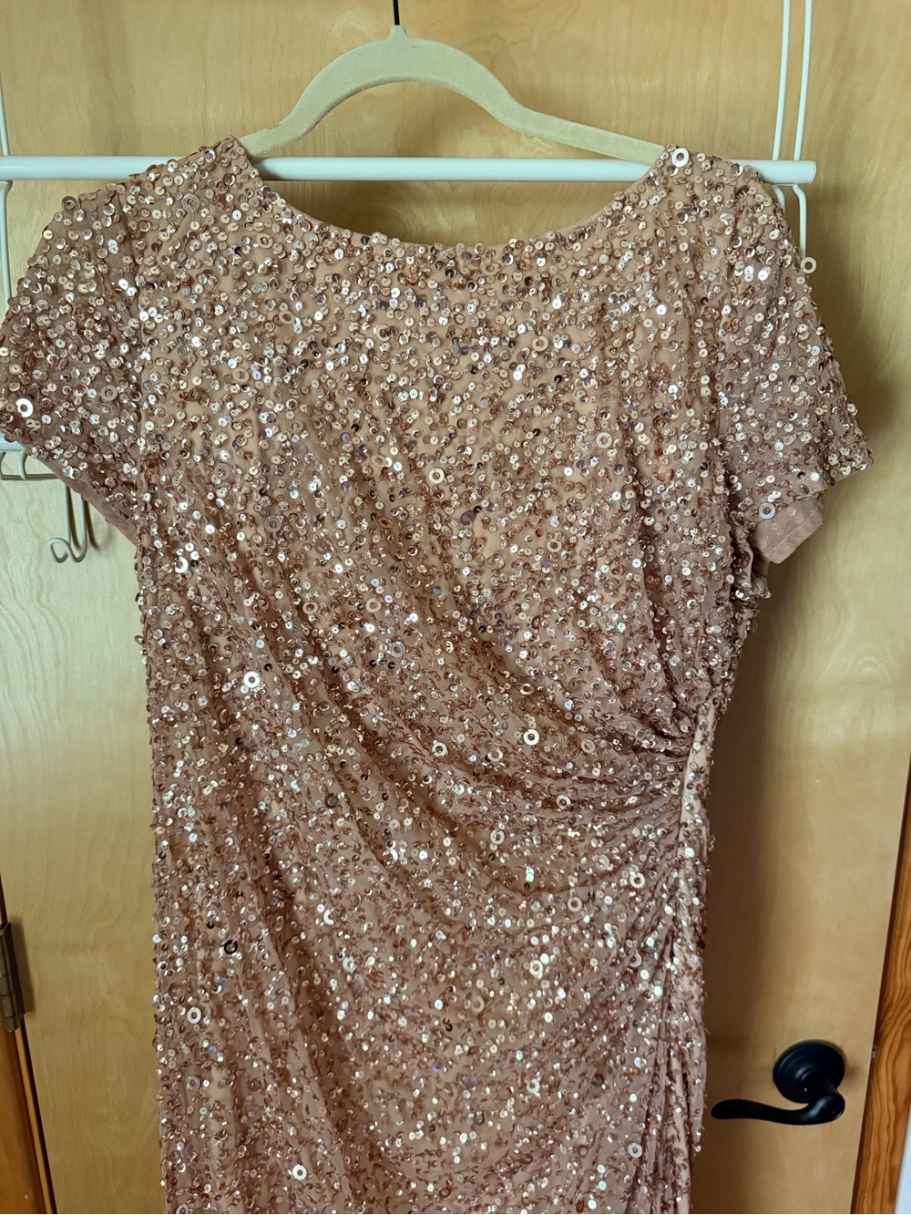 Adriana Papell Rose Gold Sequin Short Sleeve Evening Dress - Picture 3 of 7